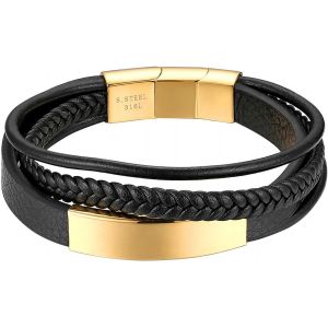 Kal-Bracelet Tressé Cuir Noir Personnalisé Pour Homme Plaque Graver Bracelet Manchette Ajustable À La Mode Multi-Rangs Fermoir Magnétique Fantaisie Cadeaux Anniversaire Noël - Neuf