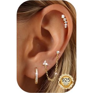 Kal-4 Paires Boucles D'oreilles Argent 925 Pour Femme Plaquée Or 14 Carats Creoles Femme Piercings Oreille Cartilage Tragus Helix Or/Argent Dangle Chaîne Boucles D'oreilles - Neuf