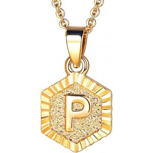Kal-Collier Femme Initiale Plaqu&eacute; Or Jaune, Pendentif Hexagone Avec Lettre, Cha&icirc;ne Rolo Ajustable De 1,8mm/50+5cm - Neuf
