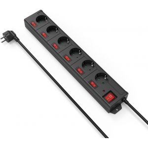 Multiprise, ""6+1"" (commutable individuellement, avec protection anti-surtension, montage mural, pivot&eacute;e &agrave; 90&deg;, longueur de douille XL, protection enfant, longueur de c&acirc;ble de 1,4 m) Noir - Neuf