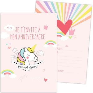 MEVRONISSHOP-8 Cartes d&iquest;Invitation Anniversaire Licorne - Pour Anniversaire Enfant Gar&ccedil;on Fille - Cartons invitation F&ecirc;te - Coloris Rose - 0263 - Neuf