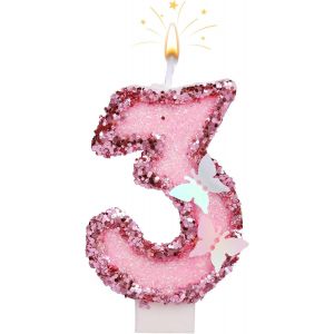Chenquansarl-7cm Bougies Numéro D'anniversaire, Bougies Roses Scintillantes Cake Topper Bougies D'anniversaire Papillon Avec Paillettes Pour Les Fournitures De Célébrations D'anniversaire (Numéro 3) - Neuf
