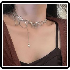 Kal-Papillon Coeur Collier Ras Du Cou Punk Lariat Cercle Collier Chaîne Creux Étoile Amour Coeur Collier Bijoux Pour Femmes Filles (Argent A) - Neuf