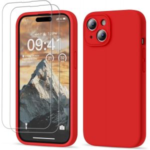 3 En 1 Coque Iphone 15 Silicone Liquide - Avec 2 Verre Trempé - Étui Protection Précise De Caméra [Résistant Aux Rayures] [Antidérapant] Iphone 15 Case 6.1"", Rouge.[S4511] - Neuf