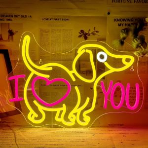 Panneaux en néon pour décoration murale, Teckel mignon, Panneaux d'art Je t'aime, Panneaux lumineux USB Cadeaux pour amoureux des chiens, animalerie, Anniversaire, Man Cave, Noël - Neuf