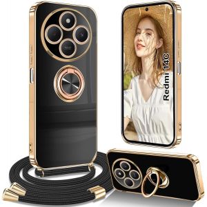 Kal-Coque Pour Xiaomi Redmi 14c 4g Avec Cordon, Coque Pour Xiaomi Redmi 14c 4g Avec Collier Silicone Housse 360° Voiture De Bague Magnétique Antichoc Étui Avec Cordon Réglable Case Cover, Noir - Neuf