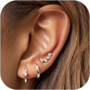 Kal-3paires Boucles D'oreilles Femme Argent 925 Hypoallergénique 14k Plaqué Or Boucles D'oreilles Créoles Petites Boucles D'oreilles Zirconium Feuille Papillon Clous D'oreilles Cartilage - Neuf