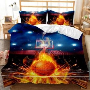 Parure Drap Basket-Ball De Feu De Terrain De Basket Ensemble De Housse De Couette Avec 2 Taies D'oreiller 140x200cm[559] - Neuf