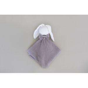 Doudou lapin gris violine 40&times;40 cm en gaze de coton bio, avec t&ecirc;te en peluche cousue. Doux, l&eacute;ger et facile &agrave; manipuler, il accompagne b&eacute;b&eacute; d&egrave;s la naissance - Neuf