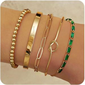 Eryi-Lot 5 Bracelets Or Pour Femme Véritable Or 14 Carats Hypoallergénique Figaro Zag Chaîne Bracelets Réglable Cz Fantaisie Bracelets Ensemble Or Bracelets Bijoux Pour Femmes Filles - Neuf