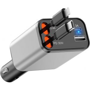 Chargeur De Voiture R&eacute;tractable 60 W 4 En 1 Pour T&eacute;l&eacute;phone Portable - Adaptateur Rapide - Double C&acirc;ble R&eacute;tractable Pour Iphone 15/14/13/12/11, Pour S23/S22/S21/Pixel7/Huawei, Ports Usb C Et Usb A - Neuf