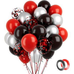 SJZG-Lot De 60 Ballons Rouges Et Noirs De 30 Cm - Confettis Argent&eacute;s M&eacute;tallis&eacute;s - En Latex - 1 Rouleau De Ruban Noir - Pour Anniversaire, Mariage, Remise De Dipl&ocirc;me, Nouvel An - Neuf