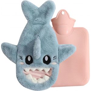 JGD-Bouillotte avec housse - Bouillotte pour enfants avec housse souple - 1 l - Avec housse en peluche - Requin - Housse chauffe-mains en caoutchouc - Pour femmes, hommes, enfants - Neuf