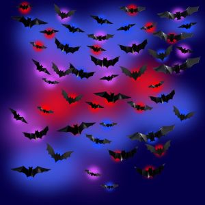 Cauc-D&eacute;coration D'halloween Chauve-Souris D'int&eacute;rieur Avec Lumi&egrave;res Led, 48 Pi&egrave;ces Autocollants Muraux 3d, Chauve-Souris Horribles En Pvc, D&eacute;coration D'halloween Effrayante Pour La Maison, Mur, - Neuf