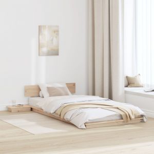 Vidaxl Cadre De Lit Au Sol Avec Tables De Chevet 90x190cm En Bois Massif - Neuf