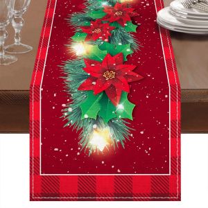 Eryi-Chemin De Table Noel En Lin Rouge 230 X 33cm, Decoration Noel Table, Long Chemin De Table Noel Rouge Avec Poinsettia, Feuille De Houx Et Flocons De Neige Imprimés, Pour Deco De Table Noel,De Mai - Neuf