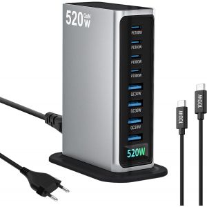 JGD-520W 8 Ports Chargeur USB C Rapide Station de Charge Bureau GaN Compatible avec iPhone 17 Pro Max Air 16 Plus 15 14 13 12 iPad Mini MacBook Pro Air M4 M3 M2 M1 Galaxy S25 S24 S23 - Neuf