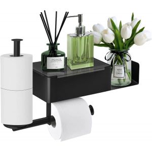 CAUC-Porte Papier Toilette, Toilette Mural sans Per&ccedil;age avec &Eacute;tag&egrave;res et Bo&icirc;te &agrave; Lingettes Humides, Support 2 Rouleau pour Salle de Bain Cuisine Gxin-noir - Neuf
