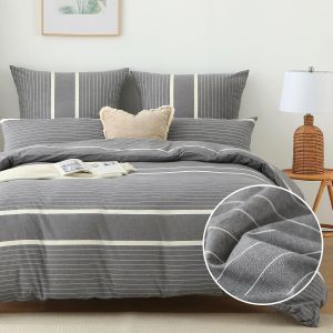 Tianyi-Housse De Couette 140x200 Coton Avec 1 Taie D'oreiller 65x65 Cm, Design Boho Rayures, 100% Coton Lav&eacute;, Certifi&eacute; Oeko-Tex, Gris Fonc&eacute; Parure De Lit 1 Personne En Coton Avec Fermeture &Eacute;clair - Neuf