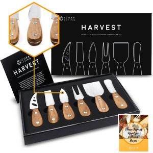 Oayew-Harvest 6 Pi&egrave;ces Jeu De Couteaux &Agrave; Fromage Prime &iquest; Ensemble De Couteaux Pour Fromage Collection Compl&egrave;te En Bois De Teck Et Acier Inoxydable Avec 15 Recettes Festives (Cadeau Parfait) - Neuf