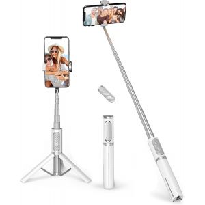 JGD-Tr&eacute;pied Selfie Stick, Tr&eacute;pied T&eacute;l&eacute;phone 3-en-1 Extensible en Aluminium avec T&eacute;l&eacute;commande Bluetooth sans Fil, Compatible avec iPhone 17/16/15/14/13/12 mini/11 Pro et Smartphones Samsung, Blanc - Neuf