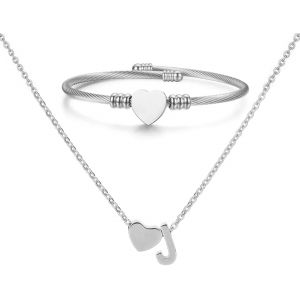 Kal-Collier Pendentif Lettre Initiale Personnalisée Femme Collier Initiale Coeur Bracelet Coeur Ouvert Ajustable Bracelet De Manchette En Acier Inoxydable A-Z Pendentif Collier Femmes Filles - Neuf