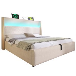 Lit hydraulique double 140x200cm LED/USB-C - lin beige (sans matelas) - Neuf