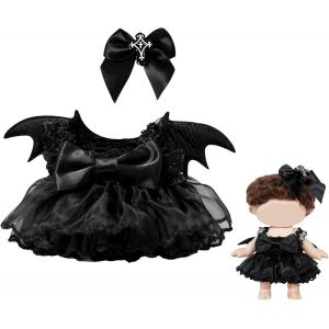 Costume Halloween Gothic Lolita pour poup&eacute;e en Vinyle 15/17 cm, Ensemble de v&ecirc;tements avec Jupe en Dentelle &agrave; Volants Noirs, Ailes de Chauve-Souris & Barrette Croix n?ud - Neuf