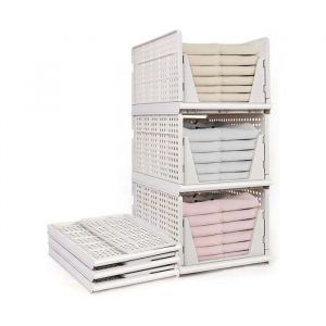 Organisateur de Placard Lot de 3 Paniers Tiroirs Coulissants Pliables et Empilables Rangement Plastique Blanc 43x32,5x25cm - Neuf