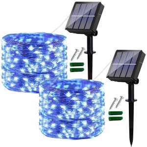 KAL-[Lot De 2] Guirlande Lumineuse Solaire Exterieur, 120Led 12M / 40Ft Guirlande Guinguette Étanche 8 Modes Décoration Lumière Pour Jardin, Cour, Terrasse, Maison, Noël, Mariage, Fête (Bleu) - Neuf