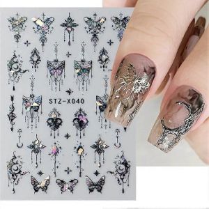 3D holographique noir papillon ongles curseur laser autocollant décalcomanies sombre château pompons dessins manucure autocollants décor - Neuf
