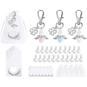 lbgwp60-Lot De 21 Porte-Clés Ange Gardien Avec Trèfle Porte-Bonheur - Pendentif Ange Gardien - Étiquettes Cadeaux Pour Mariage, Baptême, Départ, Remerciement, Communion, Confirmation - Neuf
