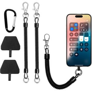 KAL-Lot De 2 Cordons T&eacute;l&eacute;phone Portable Avec C&acirc;ble Spiral&eacute; Flexible, Lani&egrave;re Antivol Avec Mousqueton, Patchs Universels Inclus, Cordon Anti-Chute Pour Smartphone - Neuf