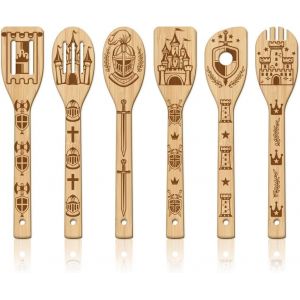 Kal-6 Pièces Ensemble D'ustensiles De Cuisine En Bamboo Castle Chevalier En Bois Gravé Cuillères De Cuisine Ensemble De Motifs Floraux Sculpture Spatule Cuillère Pour Mère L'amie Femmes Cadeau - Neuf