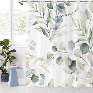 Rideaux de douche à feuilles d'eucalyptus, vert sauge, plantes botaniques printanières aquarelles, rideaux de salle de bain, baignoire, décoration intérieure, tissu imperméable, lavable en machine - Neuf