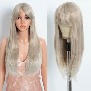 Kalanka-Perruque Blonde Blanche Avec Frange - Cheveux Synth&eacute;tiques Longs Et Raides - Pour Femme - Pour Tous Les Jours Et Les F&ecirc;tes - 56 Cm (T14f/56e) - Neuf