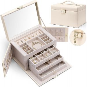 Baroches Boîte À Bijoux En Cuir Pour Femme,Grande Boîte À Bijoux À 4 Niveaux,Boîte À Bijoux Verrouillable Pour Femme,Rangement De Bijoux Avec Tiroirs Pour Bracelets, Bagues, Chaînes - Neuf