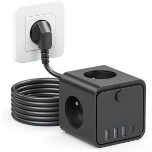 Cube de Prise 7 en 1 avec USB C, 3 Prises, Prise Plate avec Interrupteur Individuel, Multiprise Cube avec C&acirc;ble de 3m, 3 Multiprise USB de A pour Bureau, Maison, Voyage - Neuf