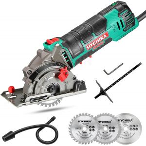 VornixorSarlshopHYCHIKA 500W Mini Scie Circulaire, 4500RPM, Profondeur de coupe: 0-25mm, Moteur en Cuivre Pur, 3 Lames pour les coupes de bois, de m&eacute;tal mou, de carreaux et de plastique - Neuf
