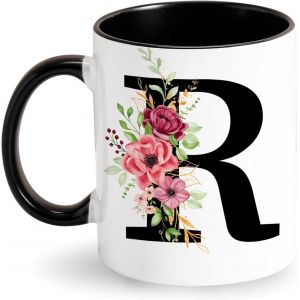 Eryi-Tasse Avec Lettre Tasse À Café Alphabet Tasse Avec Initiale Et Motif Floral Tasse Personnalisé Mug Noire Cadeau Pour Dame, Femme, Maman, Amie, Cadeau Pour Anniversaire, Fête Des Mères (R) - Neuf