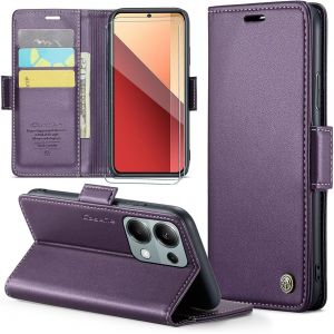 Kal-Coque Pour Xiaomi Redmi Note 13 5g+ 2 Pi&egrave;ces Verre Tremp&eacute;,Antivol,Prend En Charge Le Chargement Sans Fil, Pochette Fermeture Magn&eacute;tique Flip Case-Violet - Neuf