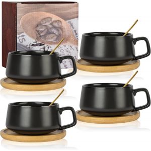 Mevronisshop-Lot De 4 Tasses À Cappuccino Avec Soucoupe,280ml Ensemble Tasses À Expresso En Grès,Set De Tasses Et Soucoupes,Tasses À Café Avec Disque En Bois Pour Café, Cappuccino,Thé(Noir Mat) - Neuf