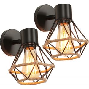 2 Packs Appliques Murales Industrielles Vintage Plafonnier Luminaire Interieur En M&eacute;tal Et Chanvre Corde Lampe Murale 160Mm R&eacute;tro R&eacute;glable Design Pour Cuisine Salon Chambre (Applique-2Pcs) - Neuf