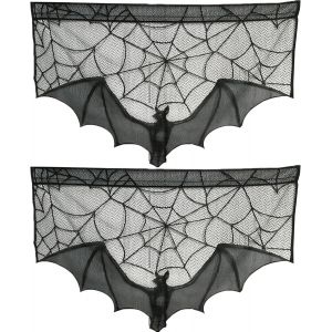 Lot De 2 Rideaux De Fenêtre En Dentelle Noire 100 X 60 Cm, Motif Toile D'araignée Et Chauve-Souris, Pour Halloween, Décoration De Fête Effrayante - Neuf