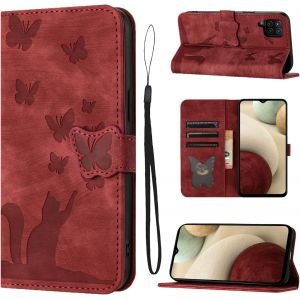 Sansh-Housse Protection Pour Samsung Galaxy A12 Étui Matériau En Cuir Pu Coque Samsung A12 Avec Fentes Pour Cartes Motif Papillon Chat Coque Samsung Galaxy A12 Rouge - Neuf