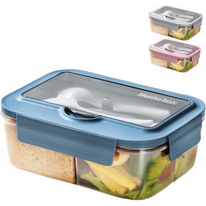 Bento Lunch Box Micro Ondable,1400ml Boite Repas Avec 3 Compartiments Et Couverts,Boite À Lunch Pour Pique-Nique,Travail,Écoles,Camping Et Fitness (Bleu) - Neuf