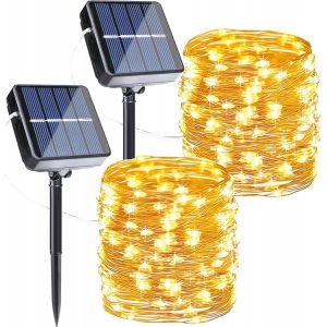 Lot de 2 Guirlande Solaire Exterieur Jardin, 12m 120LED Lumineuse Étanche, 8 Modes Guirlande Lumineuse Exterieure Solaire Fil de Cuivre pour Jardin Terrasse Cour Noël Mariage Fête, Blanc Chaud - Neuf