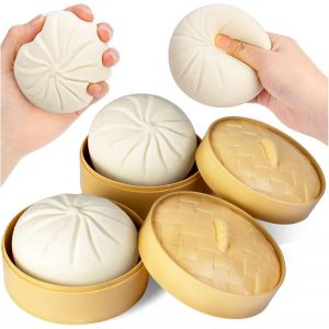 Jouet Anti-Stress en Forme de Dumpling Souple, 2 Pi&egrave;ces avec Panier en Bambou, Id&eacute;al pour le Soulagement de l'Anxi&eacute;t&eacute; et la D&eacute;tente, 5,6 cm de Diam&egrave;tre, Mat&eacute;riau TPR et ABS S&ucirc;r et &Eacute;lastique - Neuf