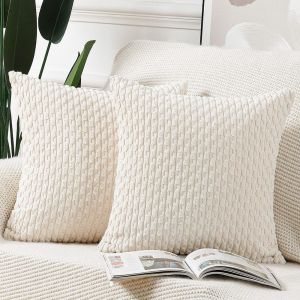 Cauc-Lot De 2 Housses De Coussin En Velours C&ocirc;tel&eacute; Ray&eacute; Boho Housse De Coussin D&eacute;corative Douce Pour Canap&eacute; Chambre &Agrave; Coucher Blanc Cr&egrave;me 60 X 60 Cm - Neuf