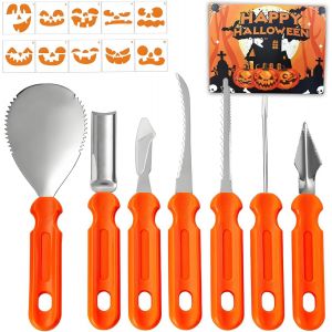 Oayew-Halloween Kit Sculpture Citrouille, 7 Pi&egrave;ces Pumpkin Carving Kit, Diy Robust En Acier Inoxydable Avec 10 Pochoirs Pour Party Decoration, Outils Citrouille Kits Halloween Pour Familles Et Enfant - Neuf